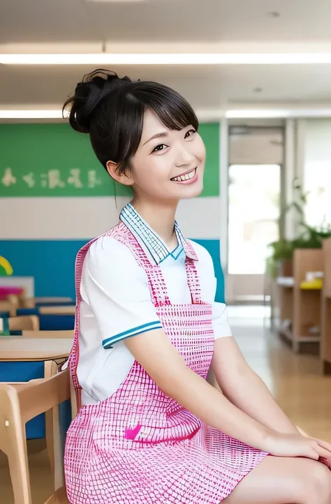 A cheerful young woman is sitting in a bright, colorful setting, resembling a kindergarten environment. She is wearing a pink collared shirt and a light blue apron, which gives her a professional yet approachable look. Her hair is styled in a neat, shoulde...