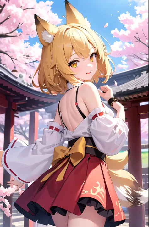 masterpiece, Highest quality, One girl, Short skirt,Yellow Eyes, Medium Hair, stage, cherry blossoms, Temple, Fox Girl, Removable sleeves, Animal ears, Happy, Put your arms behind your back,