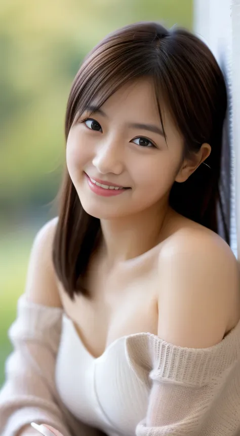 masterpiece,best quality,(Japanese girl),((Beautiful girl)),cleavage,(off shoulder:1.2),(perfect body beauty:1.2),(shy smile),from above