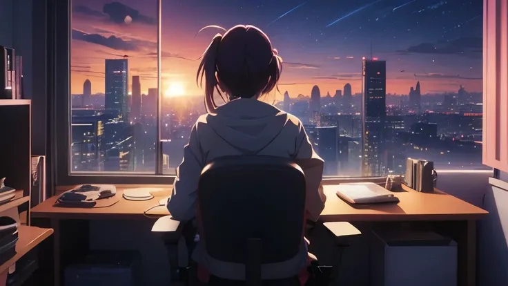 Gaming Chair、Gaming Room、Large windows、One-sided window、Back view、night、Anime girl sitting at a desk in front of a window with a city view, Anime Background art, Anime Aesthetics, Anime Background, Anime atmosphere, anime wallpaper 4k, anime wallpaper 4k, ...