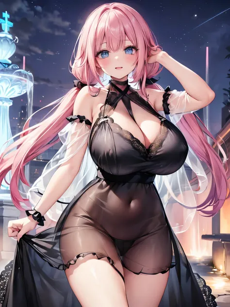 Best Quality,Detailed and cute eyes,Very cute face,(Solo Girl),(gigantic breasts:1.5),(Pink hair),(low twintails:1.4),Scrunchie,(Big light blue eyes),A very happy smile,Blushing,Open your mouth wide,View Viewer,BREAK,(black see-through evening dress,Cross ...