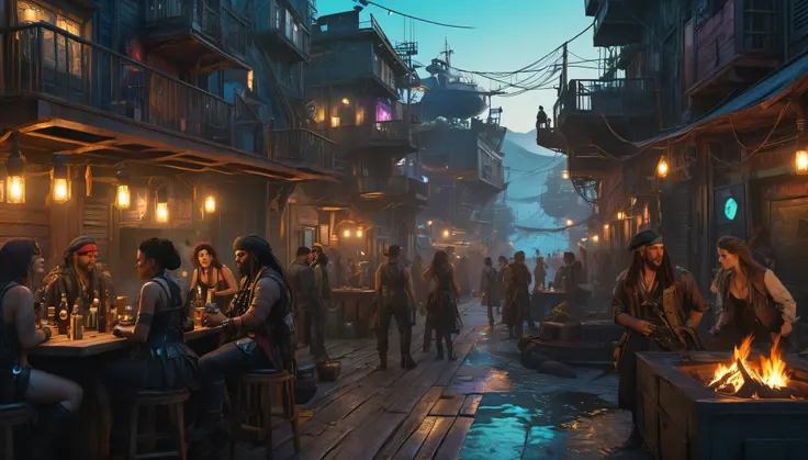 (best quality,4k,8k,highres,masterpiece:1.2),ultra-detailed,(realistic,photorealistic,photo-realistic:1.37) showing a Cyberpunk alley on a pirate island, (is dee Williams porn star with Riley Reed) in a gathering, watching a Gypsie dance by a campfire, the...