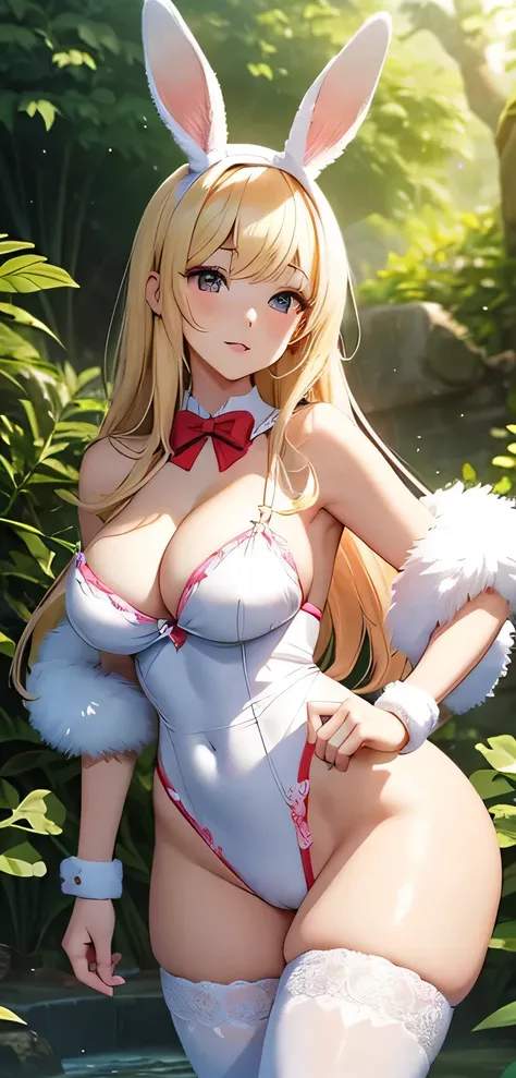 beautiful detailed 25 years old female japanese, wearing Cute Animal Costume: A playful outfit resembling a cute animal, such as a bunny or cat, complete with ears and a tail, beautiful face, shiny white skin, blonde hair, slender, ultra large saggy breast...