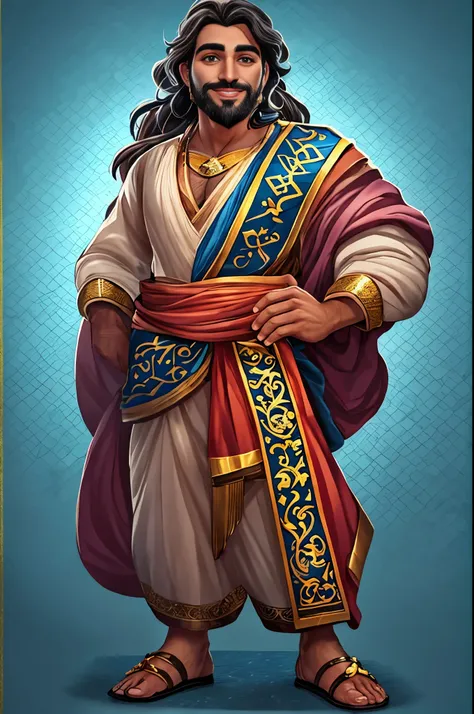 a handsome man with long hair and a beard stands tall, dressed in ancient roman and wearing an elegant sash around his waist. he...