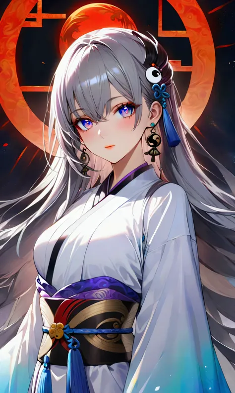 A young woman with long smooth grey hair, purple and blue gradient eyes with vibrant luminous hues, fair skin tone, ying yang robes, (detailed body), (detailed eyes) (masterpiece), (best quality), (ultra-detailed)