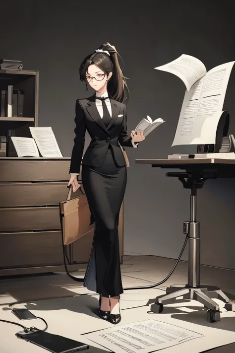 Full body illustration of a slim adult woman with a ponytail and round glasses, serving as an announcer, immersed in the process of collecting valuable information, her attire composed of a simple yet elegant suit, the rimless glasses perched on her nose, ...