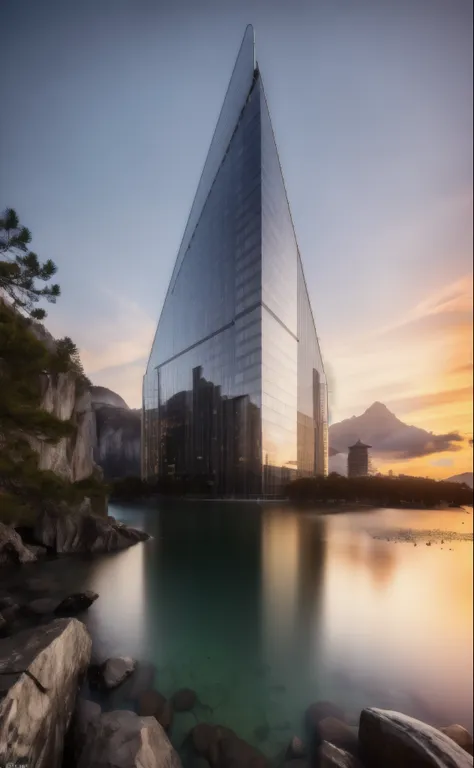 ((masterpiece, best quality)), 8k, modern architecture style, photo realistic, david chipperfield, hyper detailed photo, single box, a digital 3d render of a building,( stone:1.1), leansflare, mountain, tall building, sunset. High details, high quality, [[...