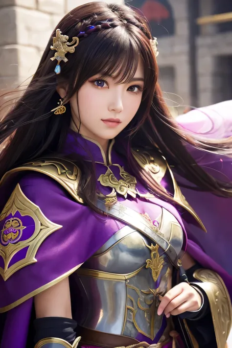 close-up of a woman in armor and a purple cape, koei tecmo, zhao yun, china&#39;three kingdoms, bianlian, genghis khan, feng shu...