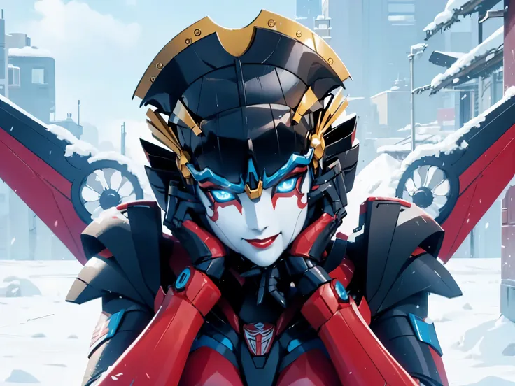 windblade, robot, mecha, autobot, sexy pose, ((wings)), sitting in snow outside, smiling, cute pose