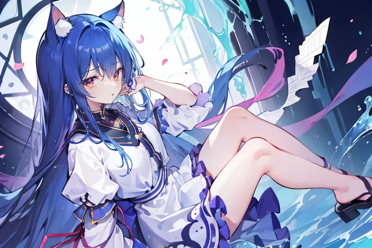 (masterpiece:1.2),Extremely detailed,Practical,expressive eyes,Fair skin,Perfect face shaping,1 Girl,
Japanese cartoons,Gorgeous blue hair, the long flowing blue hair,Floating clothes,Cat ears,Petals fall,beautiful lola,Young Angel,
Place your hands on you...