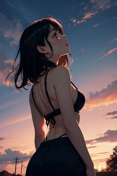 Black haired girl from behind, Looking up at the crimson evening sky,Clothes with open chest
