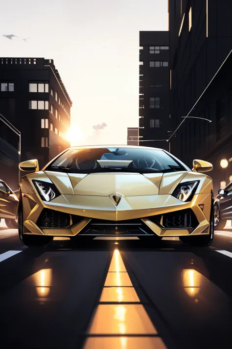 make an image of a sleek and luxurious lamborghini gallardo, bathed in the soft glow of the setting sun. the full body of the ca...