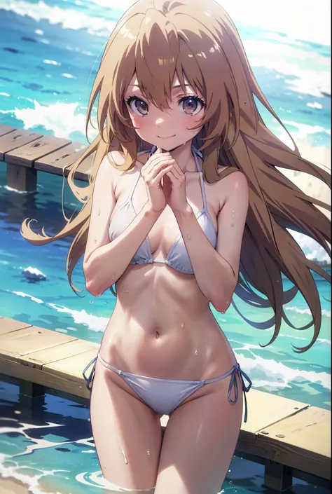 Aisaka Taiga, Aisaka Taiga, Long Hair, Brown Hair, Brown eyes,happy smile,smile, Shut your mouth.,White string bikini swimsuit,barefoot,Water Play,Wet swimsuit,Wet Hair,Wet Skin,whole bodyがイラストに入るように,　　　　　　　　　　　　  　　　　　break looking at viewer, whole body, ...