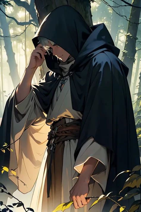 Create an AI image of the **Guardian of the Forest**, depicted as a **hooded man** shrouded in mystery. He stands amidst a dense, enchanting forest, with ethereal light filtering through the trees. His cloak is adorned with natural elements like leaves and...