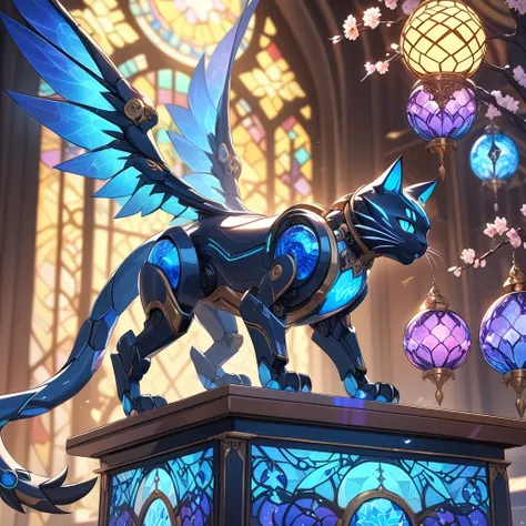 Close-up side view, cute fantasy glowing mechanical cat-like creature sitting on ornate pedestal, sapphire sharp shimmering wings with (intricate patterns), (sharp claws), glowing robotic eyes, intricate sparkling conduits, long ears, sparkling, blurry war...