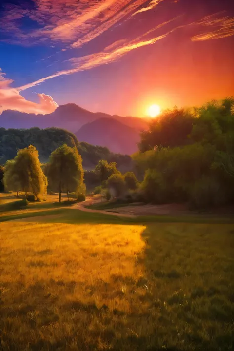 Sunset in the mountain range of Mexico spectacular view, amazing, some drops of water on the grass on the mountain, beautiful vision, beautiful sun