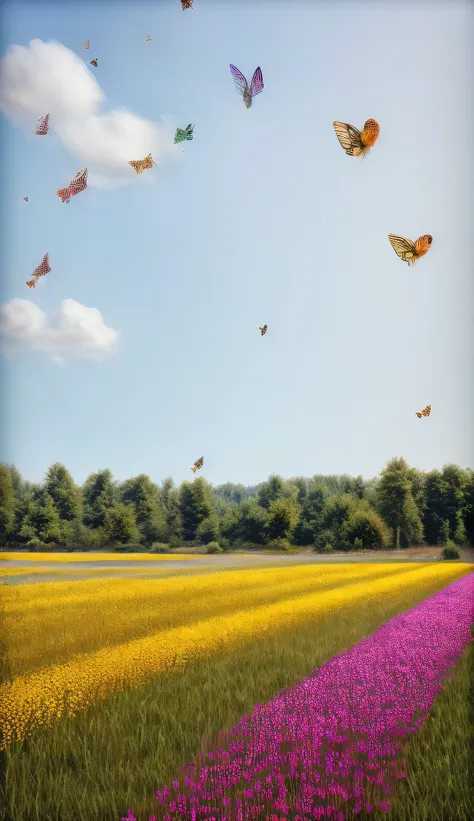 Gran cantidad de mariposas  volando en un campo verde con many flowers mariposas de muchos colores brillantes y cristalinos, very bright colors and beautiful to look at photography style HyperRealistic art. Super realistic original, bright butterflies flyi...