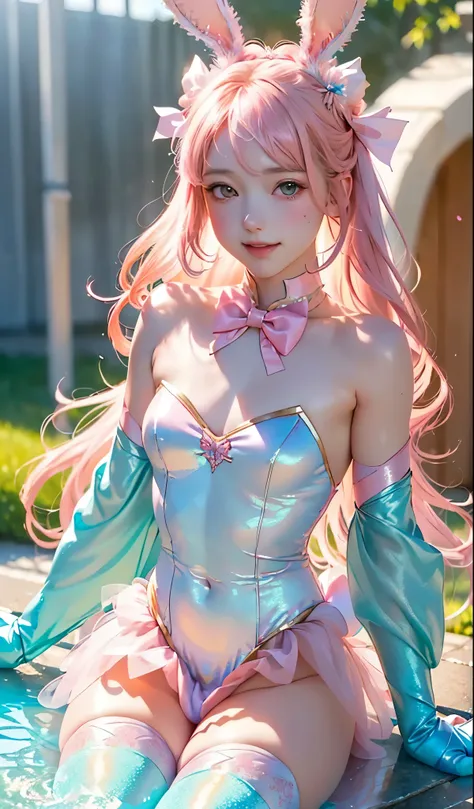masterpiece, best quality, extremely detailed CG unity 8k wallpaper, (Upper Body head close-up shot of a beautiful little girl), Wendy, Elegant Long straight blonde hair, (Mckenna Grace), ((flat chest,thighs)), ((pink-Cyan)) golden ((Glittering tutu,long B...