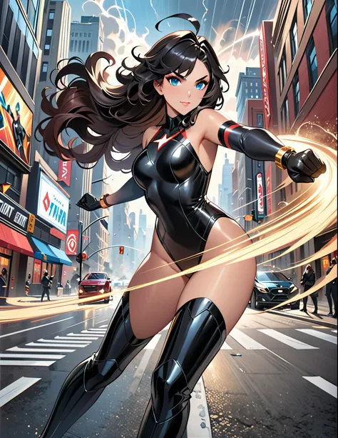 anime girl in a red and black suit twirling around in place on a city street, fast spin, (dynamic spin pose), spinning inside a tornado, spinning in place like a tornado, see-through tornado in front of her, crossed arms, extremely detailed artgerm, style ...