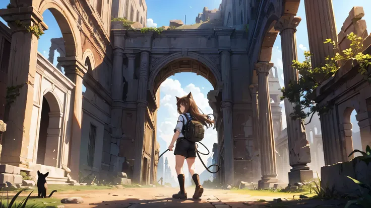 A girl is adventuring through ancient ruins. She has brown hair and short cat ears. She is wearing an exploration outfit and a topee. A black cat is walking at her feet.