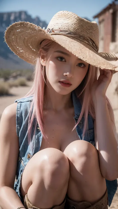 A striking, ultra-realistic photograph taken (close-up:1.2), capturing a young woman with pink hair, freckles, and blue eyes, dressed in authentic cowboy attire. Her outfit includes a stylish cowboy hat, a fringed vest, and boots, which stand out against t...