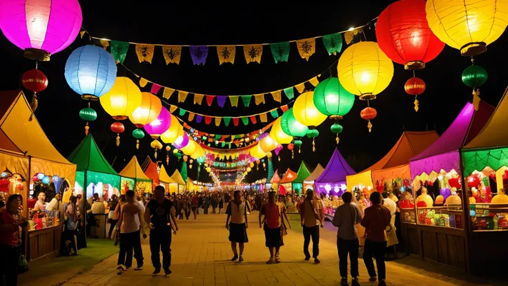 "Vibrant fantasy village festival scene. Colorful banners, magical floating lanterns. Diverse fantasy races celebrating. Enchanted decorations and mystical performances."