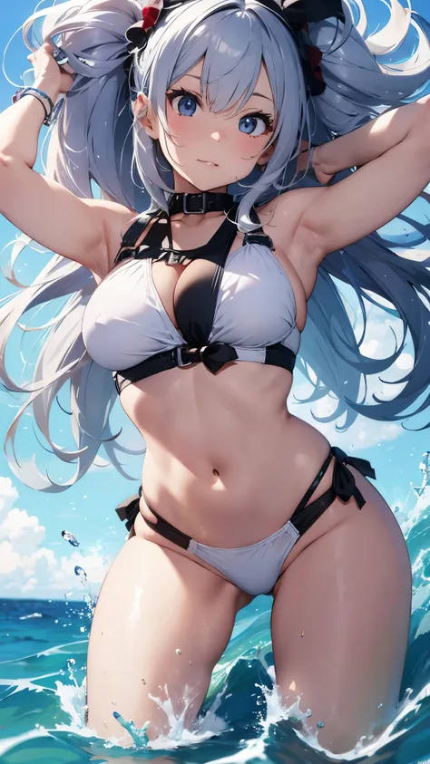 4K,8k,Silver-haired girl drawn in high resolution Japanese anime style、whole body、Women in white bikinis taking photos on a deserted beach, model bikini, , Young and cute gravure idol, Posing together in bras, Russian and Japanese mix, sakimichan, Asian wo...