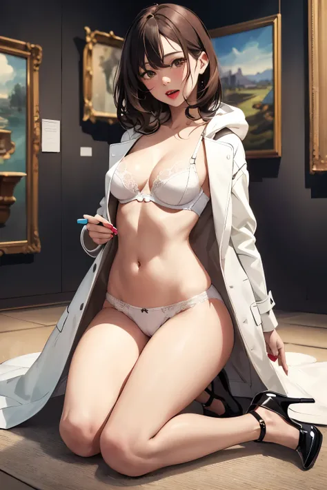 ((Highest quality)), ((masterpiece)), (detailed), ((in art museum)), 1 21-year-old girl, cute, nsfw, brown shiny hair, (small breasts), open eyes, open mouth, brown eyes, public indecency, white lace bra, white lace panties, long spring coat, looking at vi...