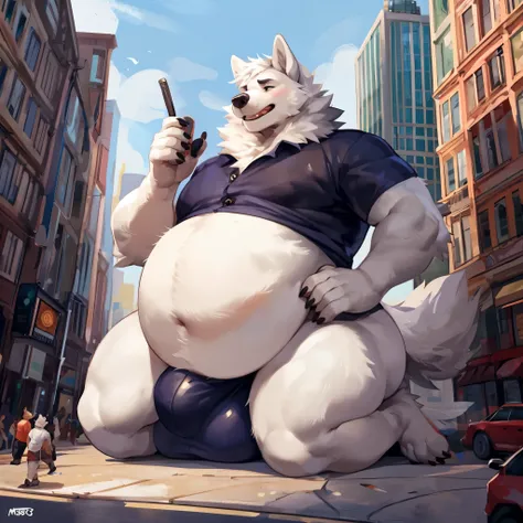 4k ultra quality, 4k half body view,ultra high detailed body,feral wolf,white fur,white hair, big belly, (round belly), hyper belly, enormous belly, enormous body,by mystikfox61, by glitter trap boy, by bebebebebe,by morethreedee, by seibear,(thick thigh),...