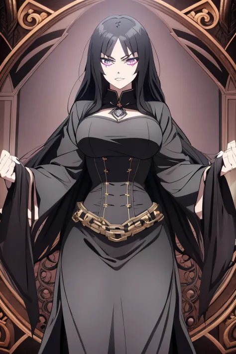 **" a powerful busted goth witch woman standing in a malevolent pose.."** Large breasts, looking at viewer, fighting, beautiful hands, beautiful eyes, Solo, Long Hair, Black hair Painted nails