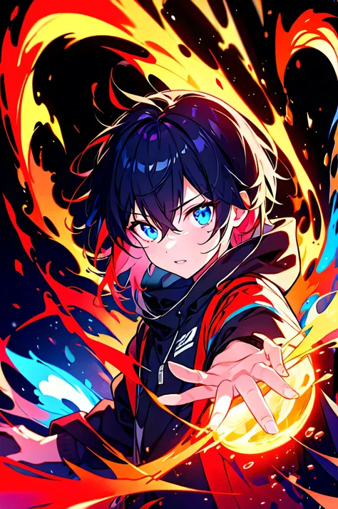 [(BLACK BACKGROUND:1.5),::5], ((((masterpiece)))), high quality, ultra very high resolution, full color, (((solo))), ((little boy)), black hair, ((red streaked hair)), blue eyes, anime, ((upper body)), neon light, black parka, (flame effect:1.2), blood eff...