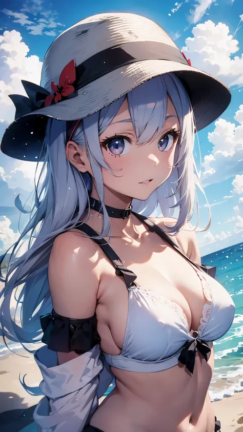 4K,8k,Silver-haired girl drawn in high resolution Japanese anime style、whole body、Women in white bikinis taking photos on a deserted beach, model bikini, , Young and cute gravure idol, Posing together in bras, Russian and Japanese mix, sakimichan, Asian wo...