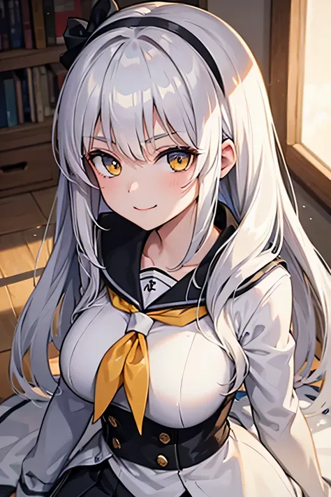 a student girl, white hair, yellow eyes, serious smile