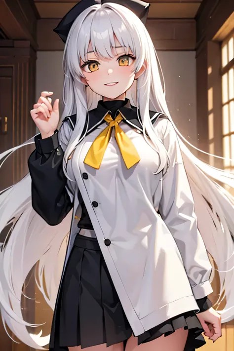 a student girl, white hair, yellow eyes, serious smile