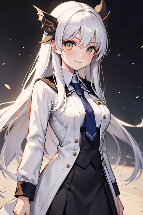 a student girl, white hair, yellow eyes, serious smile