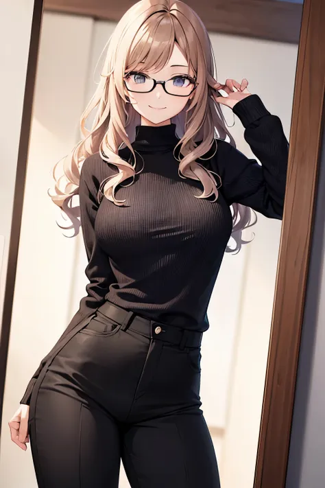 158 tall girl, beautiful wavy hair, wearing glasses, wearing a sweater, short black pants, slim body, cute smile,