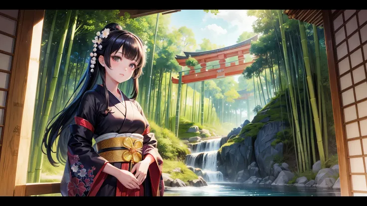 One girl, Black Hair, Brown eyes, Wearing a beautiful Japanese kimono, Princess Kaguya,hair ornaments, Bamboo grove, View your viewers, night, star (null), Ruffle sleeves, null, night, High resolution, Super sharp, 8k, masterpiece