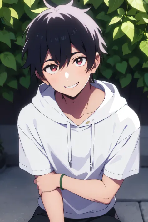 A tall teenage guy, he has messy black hair , he has red eyes with a Japanese cut, he himself is dressed in a black hoodie, he has a slight smile on his face