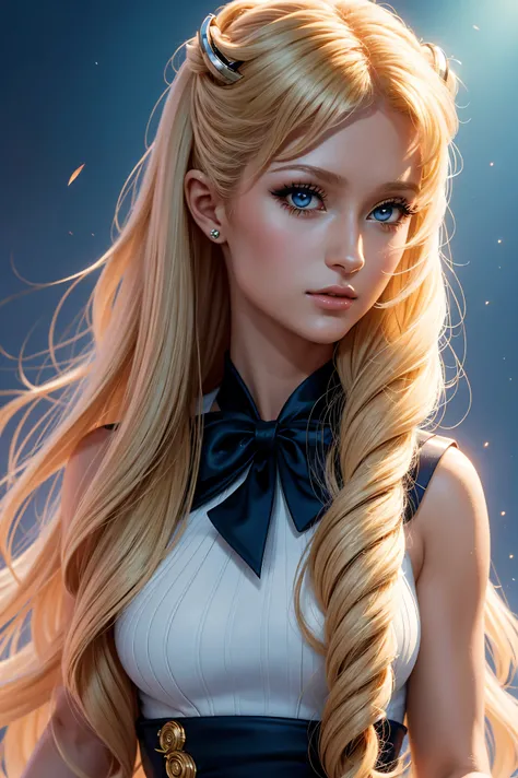 portrait Paris Hilton, wearing sailor moon costume, against the background of the anime "Sailor Moon", character portrait, 3 9 9 0 s, wavy hair, intricate, elegant, highly detailed, digital painting, artstation, concept art, smooth, sharp focus, illustrati...