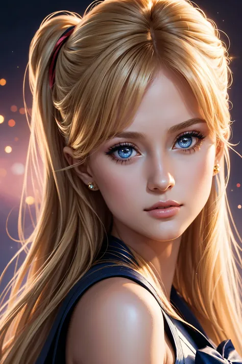 portrait Paris Hilton, wearing sailor moon costume, against the background of the anime "Sailor Moon", character portrait, 3 9 9 0 s, wavy hair, intricate, elegant, highly detailed, digital painting, artstation, concept art, smooth, sharp focus, illustrati...