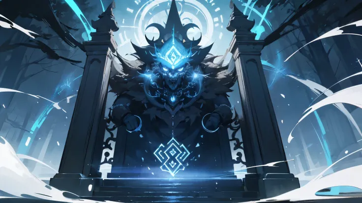 "Imposing magical gate with intricate rune patterns. Glowing symbols and swirling energy. Set in a mystical forest or mountain pass. Emanating an aura of challenge and mystery."