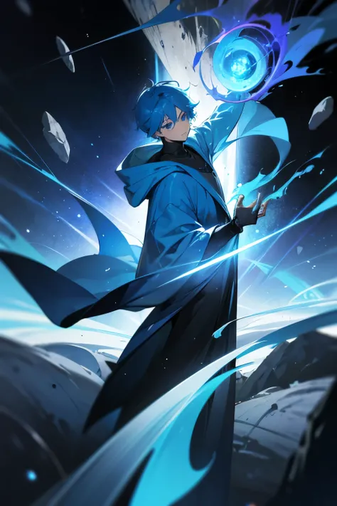 A young man with blue hair and blue eyes, wearing a blue hooded robe, deploying a huge black magic circle, background: distortion of space-time, asteroid belt, swirling energy