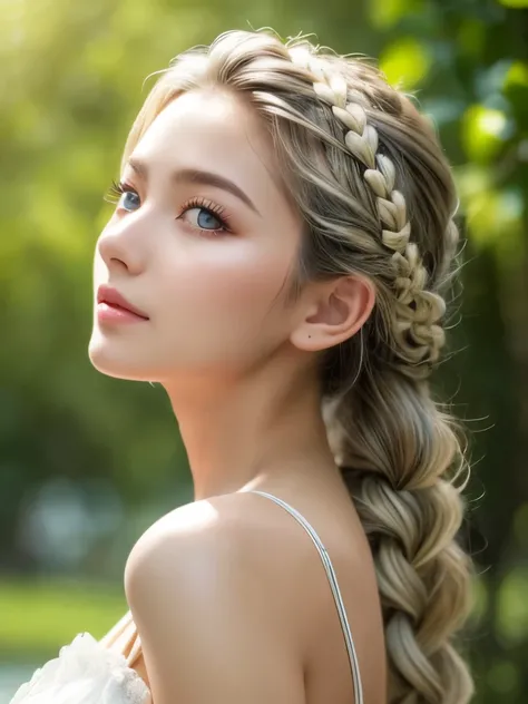 Highest quality,Ultra high definition, masterpiece,Gray Hair, Golden Eyes,Summer resort attire, look up, Upper Body,hair,Fair skin,Soft skin texture,Side braid, Characteristic hairstyle, 