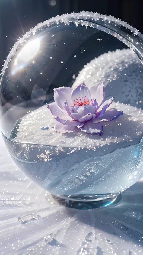 (Highest quality,Very detailed,Realistic:1.37),Frozen flower in an ice ball,Transparent ice,beautiful detailed petals,Delicate ice crystals,sparkling frost,Subtle reflection,crystallized beauty,ice perfection,chilled elegance,Vibrant colors,Ethereal atmosp...