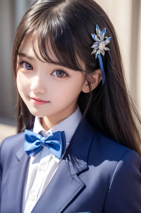 (Very beautiful  cute girl), (very  cute face:1.2),11 yo, (baby face),(sparking crystal clear attractive large eyes:1.2), Beautiful detailed eyes, Detailed double eyelids, (smiling), (realistic photograph:1.1), long straight hair,dark blue blazer high-scho...