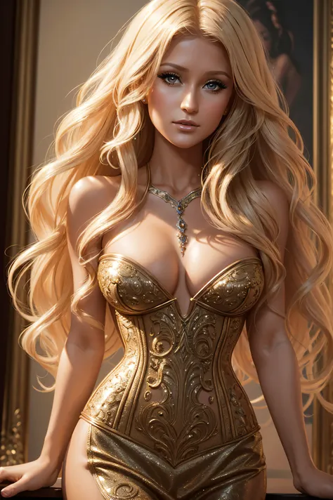 portrait Paris Hilton, wearing nude corset costume, in a porn movie, character portrait, 3 9 9 0 s, wavy hair, intricate, elegant, highly detailed, digital painting, artstation, concept art, smooth, sharp focus, illustration, art by wlop, charlie bowater a...