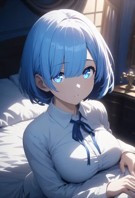 one girl、masterpiece, highest quality, rem, one girl, collared shirt、short hair、beautiful blue ocean hair color、short hair, (blu...