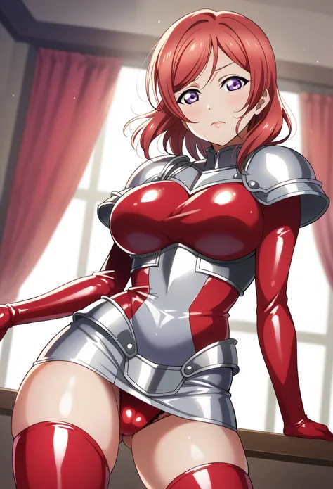 Nishikino make love live, purple eyes,red hair, medium hair,(silver armor:1.2), red latex microskirt, big breasts, underwear visible, blushing, thick body, skin tight, standing, thighs , looking at viewer, indoors ,head tilt,(lipstick:0.7)