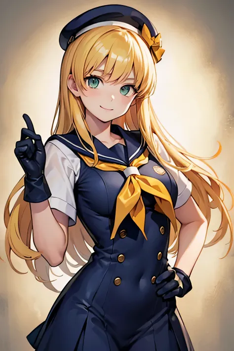 sailor, yellow hair, green eyes, navy clothing, gloves on both hands, serious smile, well detailed body