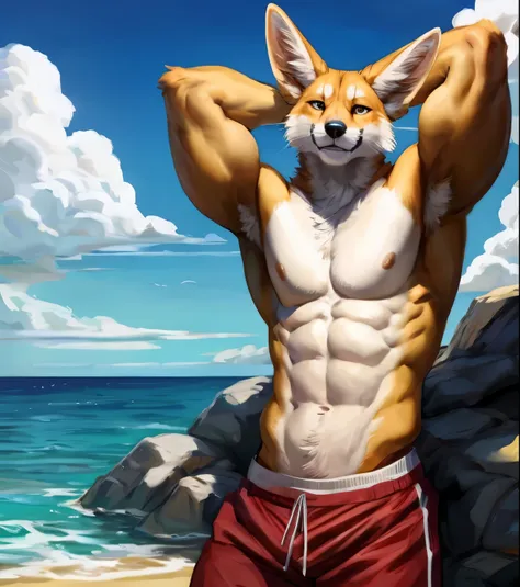 (Alone,furry,the second,Hyper realistic), male, standing, affected smile, presumed, hands behind head, Front view, hyper muscular body, massive muscles, big muscles, venous muscles, Realistic skin, Fennec, exhausting ((dark red)) boxers, playa, blurred bac...